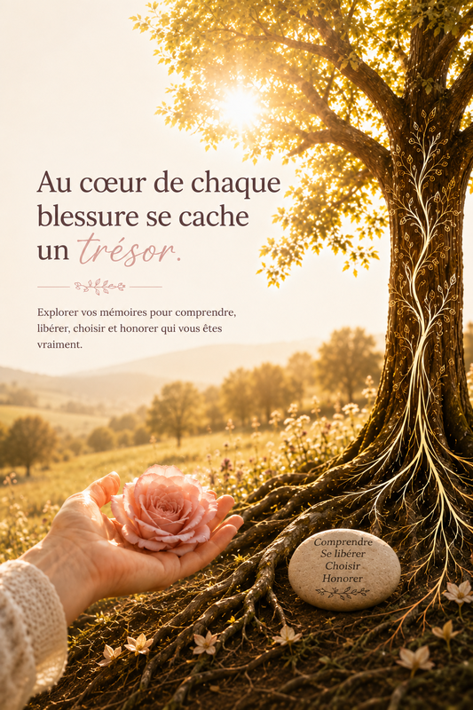 Arbre enraciné, rose et galet symbolisant les mémoires transgénérationnelles, la transformation intérieure et la liberté de choisir sa vie