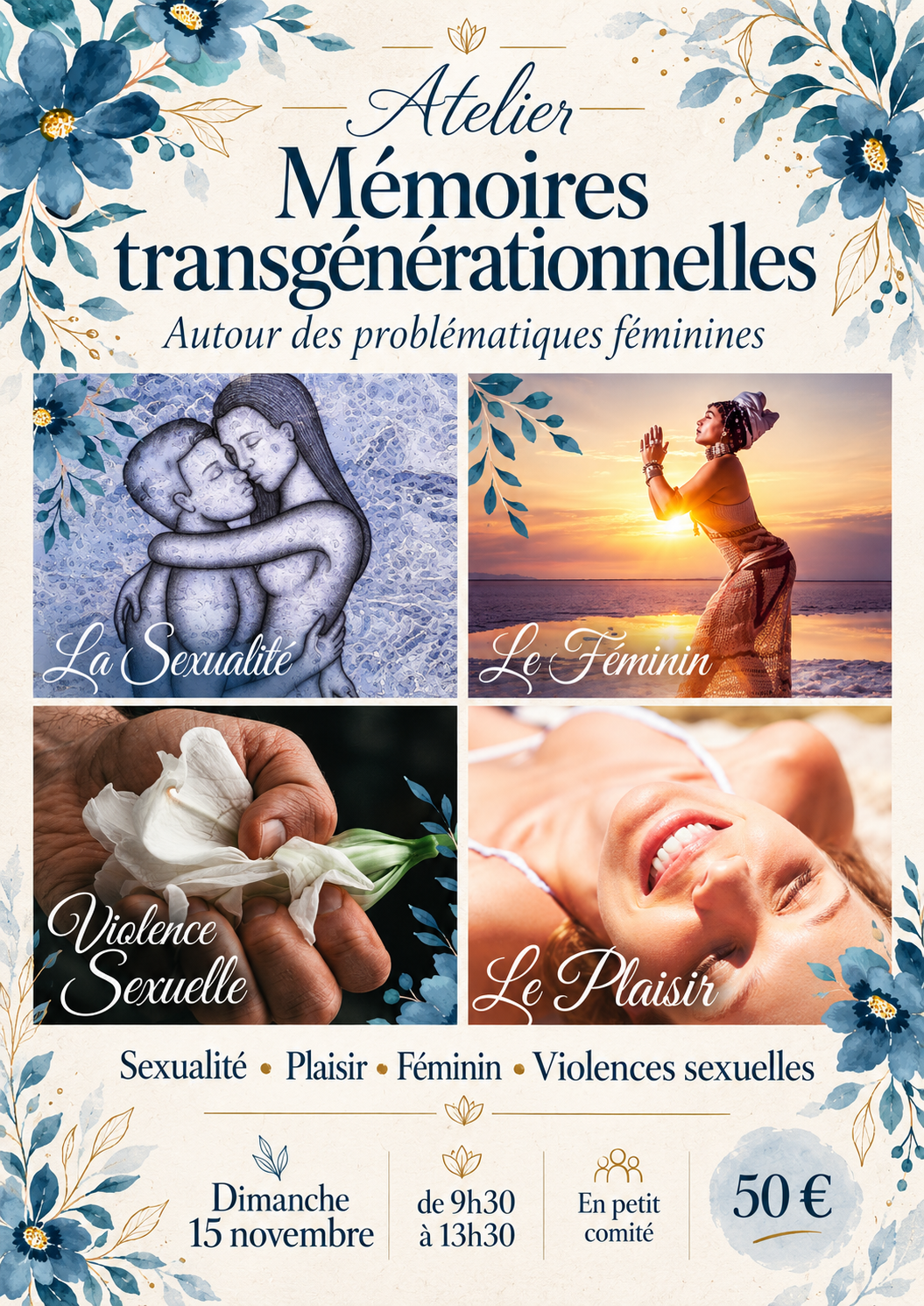 Affiche de l'atelier mémoires transgénérationnelles féminines : sexualité, féminin, plaisir et violences sexuelles, dimanche 15 novembre 2026